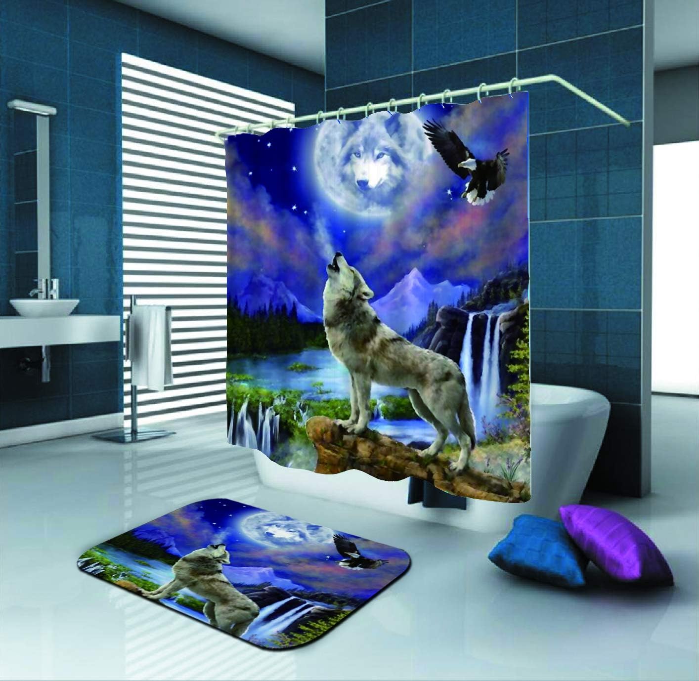 SARA NELL Wolf Shower Curtain,Wolf and Eagle,72X72In Polyester Fabric Shower Curtain Set with 15.7X23.6In Flannel Non-Slip Floor Doormat Bath Rugs