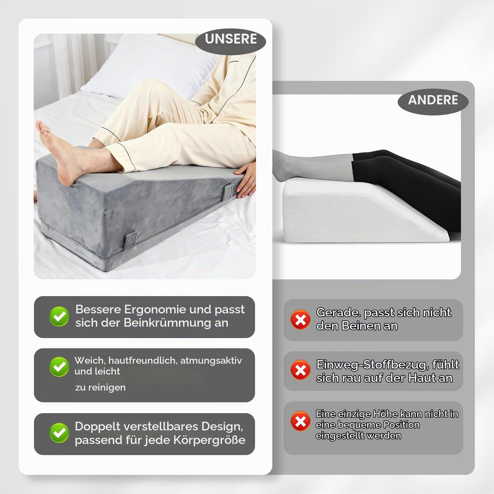 Venenkissen Höhenverstellbar – Orthopädisches Keilkissen zur Knie-Entlastung & Schmerzlinderung nach OP, Förderung der Durchblutung, aus Premium-Schaumstoff Einzelbein (Grau)