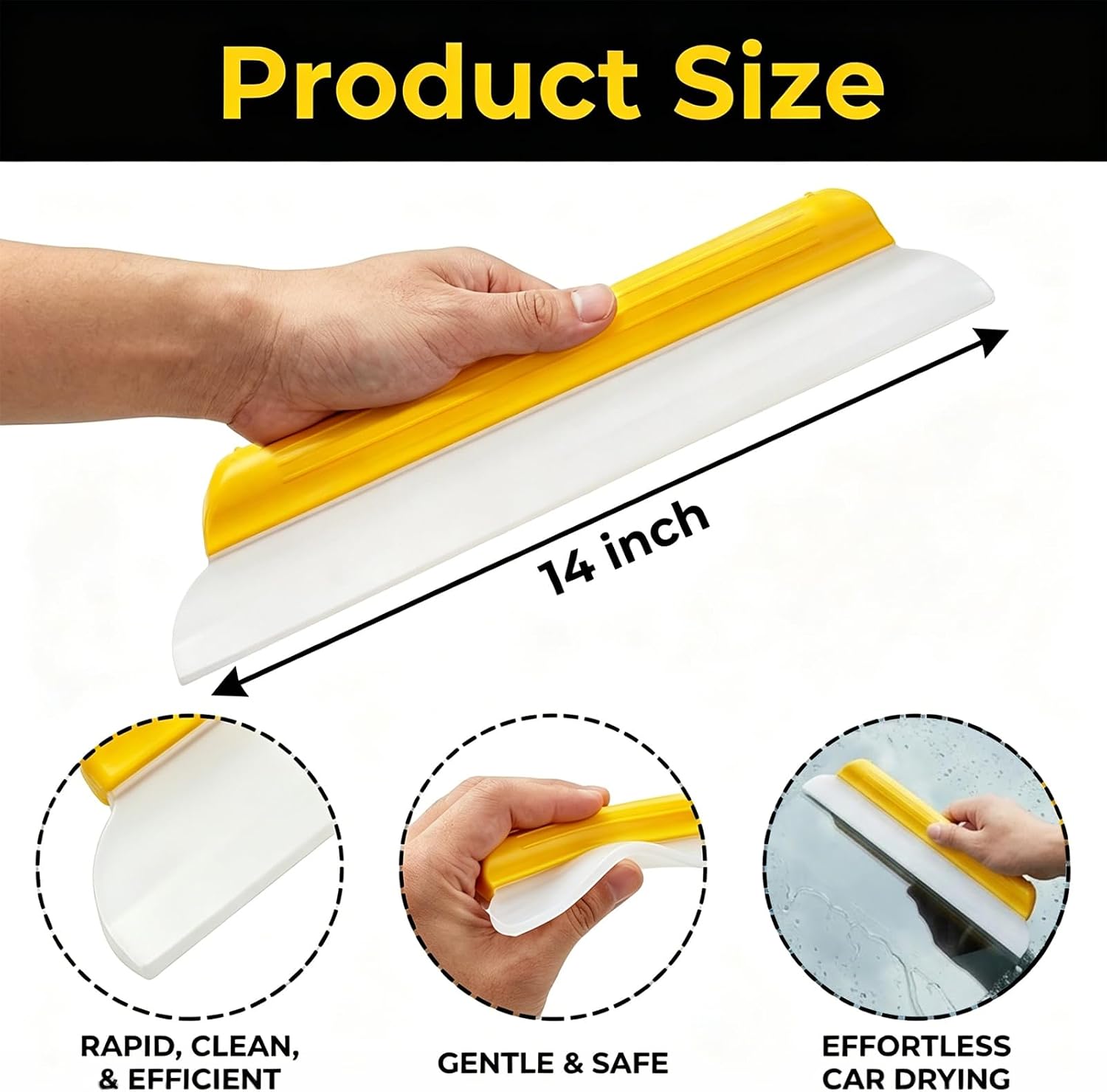 1 Pack 14 Inch Car Drying Squeegee, Yellow Flexible Silicone Water Blade for Window Shower, Auto T-Bar Rubber Wiper for Windshield & Bathroom