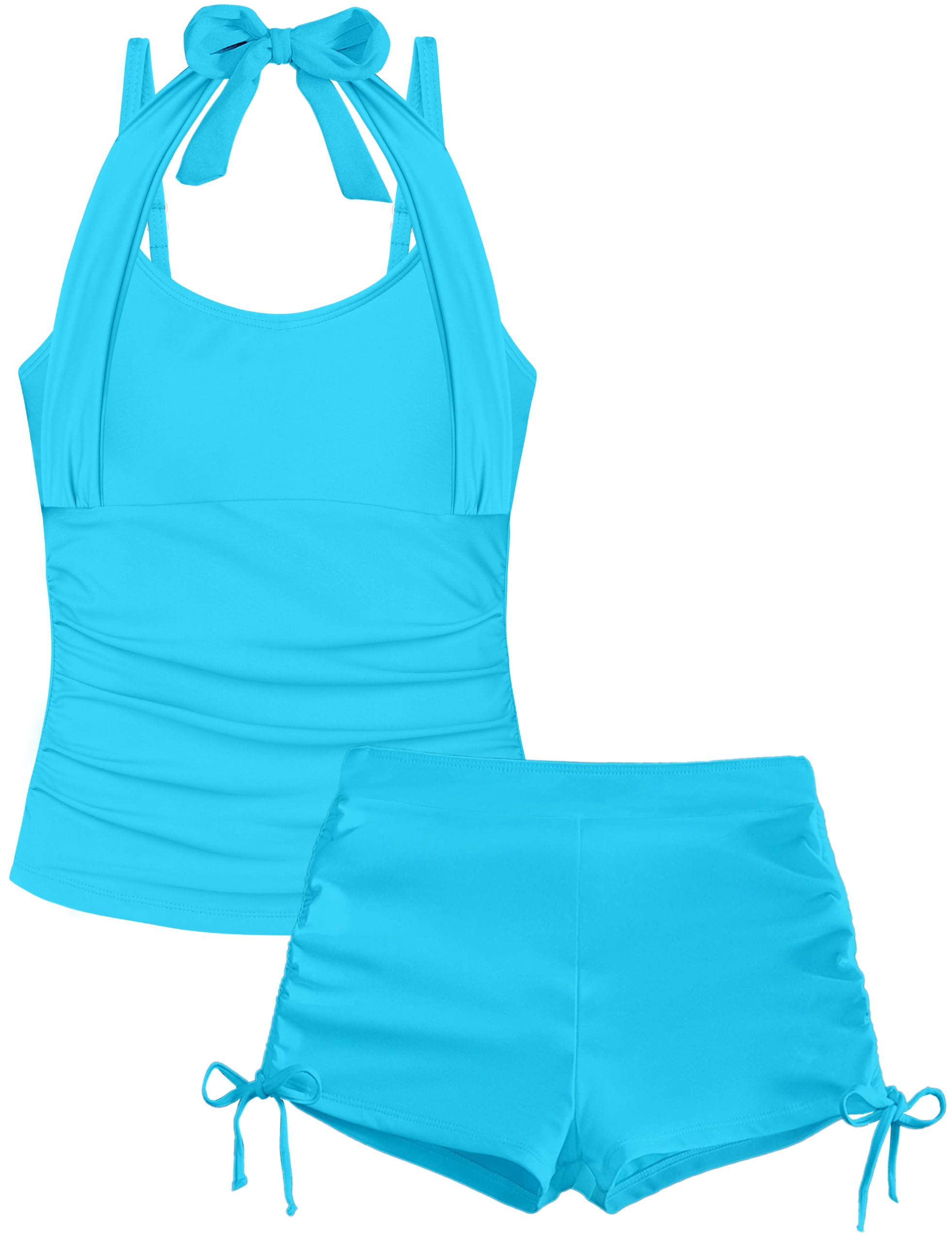 Bathing Suits for Teens 12-14 Halterneck Adjustable Straps Girls Tankini Swimsuits Tummy Control for Teen Bathing Suits with Drawstring Shorts Girls 2 Piece Swimsuits Light Blue