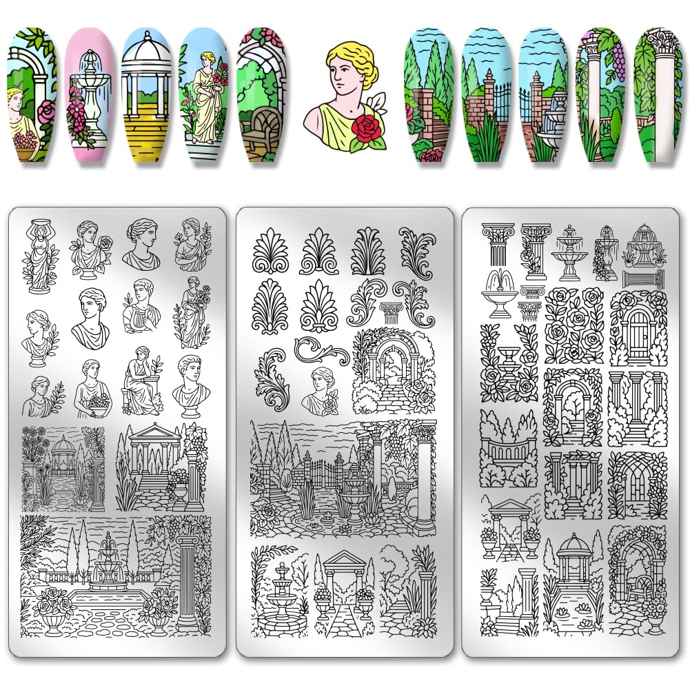 PH PandaHall 3pcs European Style Garden Nail Stamping Plates Sculptures Patterns Nails Art Stencils Fountains Nails Image Plates Flower Plants Nail