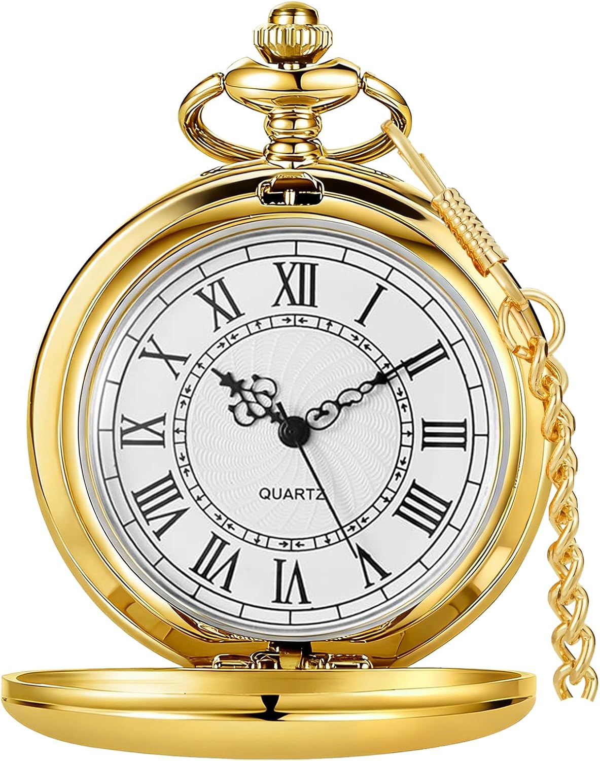 Classic Quartz Pocket Watch Smooth Steel Roman Numerals Pocket Watches with Chain for Men Women Gift