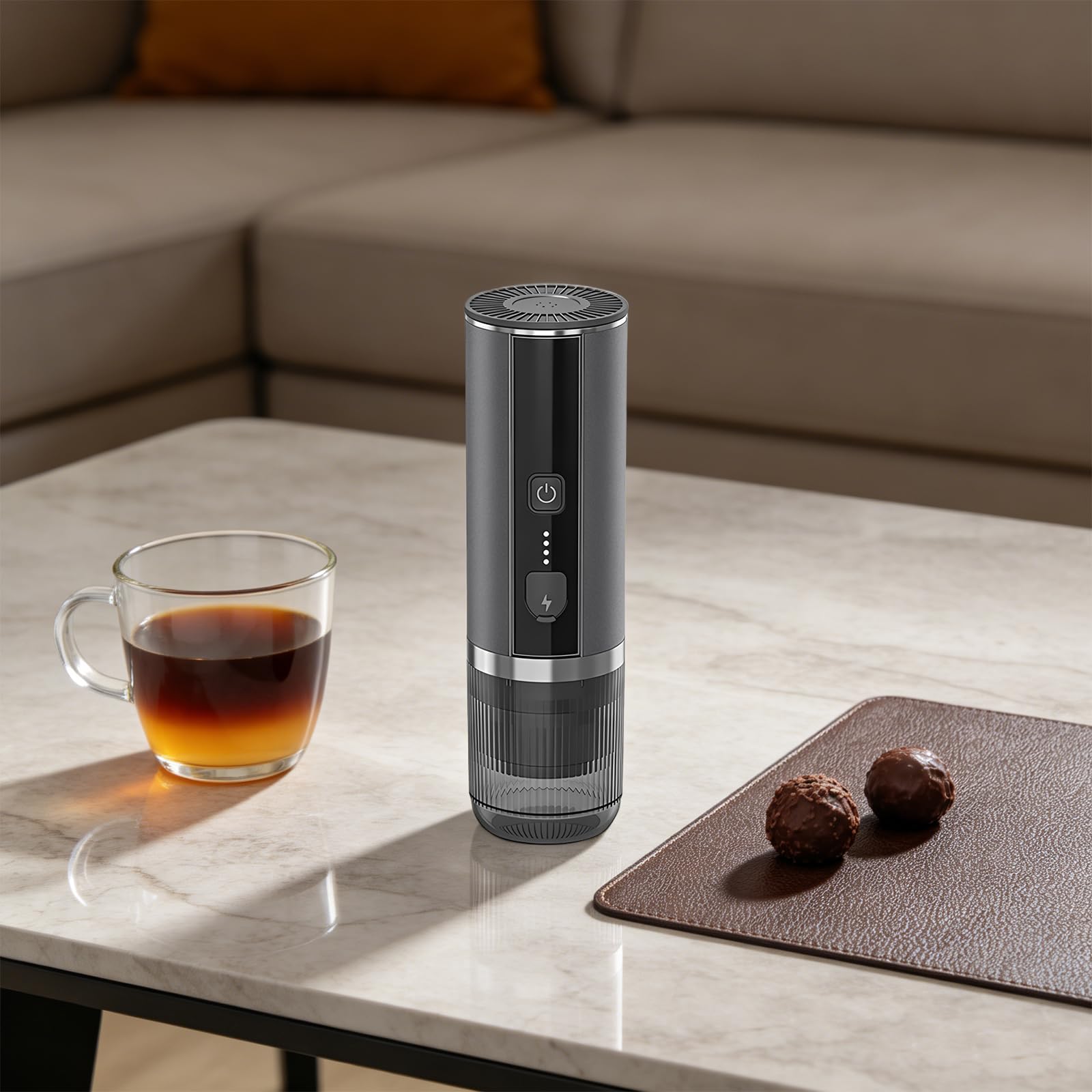 Macchina per espresso portatile, piccola, a batteria, USB-C, macchina per espresso | 20 bar, riscaldamento 4 min, 5 tazze, capsule e polvere, per ufficio, campeggio, grigio