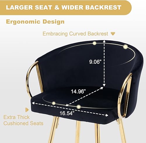 Miniatura 5 de Juego de 4 taburetes de bar de 30 pulgadas, taburetes de bar de altura de mostrador con respaldo tapizado de terciopelo con patas doradas, taburete