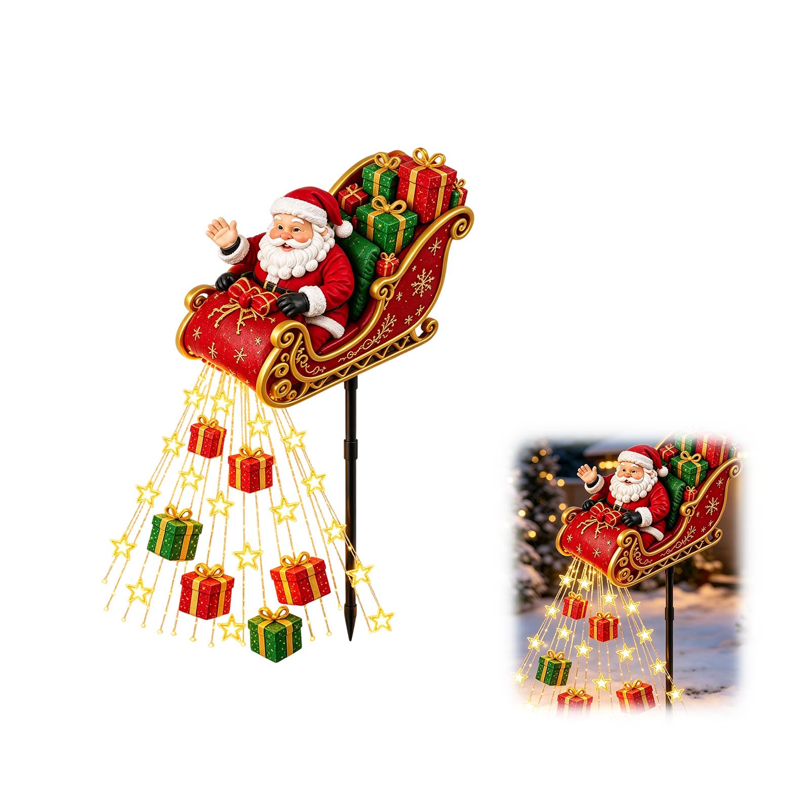 Santa Flying Sleigh Gift Cascade, LED Christmas Star Lights Outdoor Yard