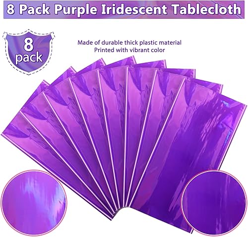 Miniatura 4 de Paquete de 8 manteles de plástico color morado iridiscente, manteles rectangulares desechables con láser, manteles de papel de aluminio holográfico,