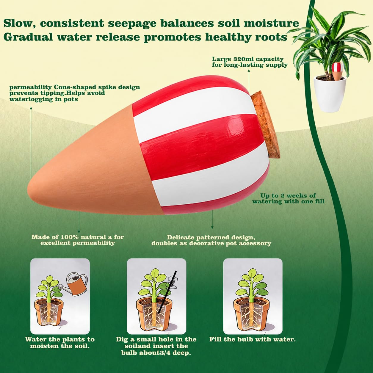 Oyas a Planter Terre Cuite, Distributeur Eau Plante 4Pcs, Pointes Auto-arrosantes en Terre Cuite, Globes Arrosage Automatique Interieur pour Plante, Cônes d'argile (Rouge)