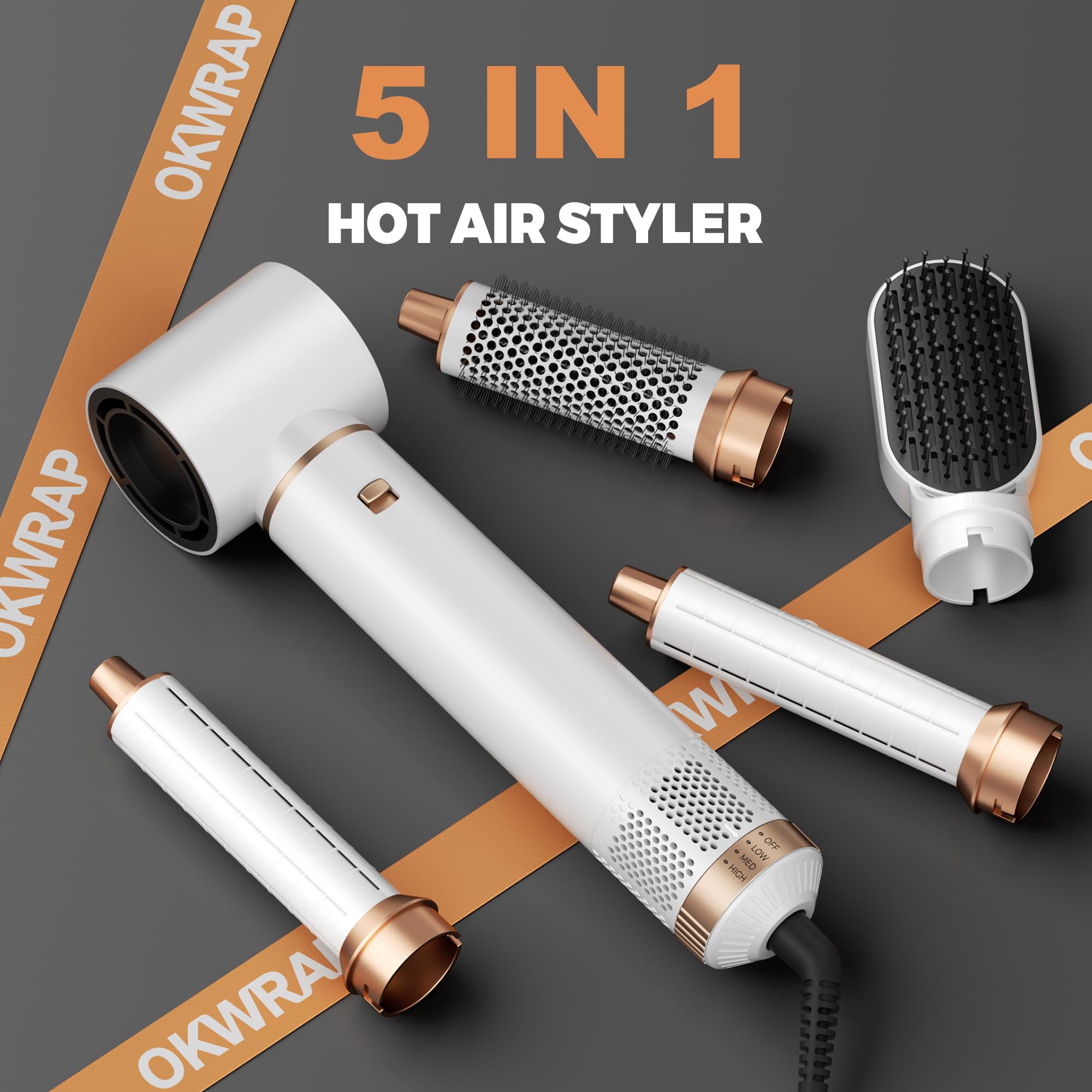 OKWRAP Hairstyler 5 in 1, Hair Styler Set, Haarstyler mit Föhn Ionen, Automatischer Lockenstab, Wärmebürste, Glättbürste Airstyler für Glätten, Trocknen, Volumen, Locken