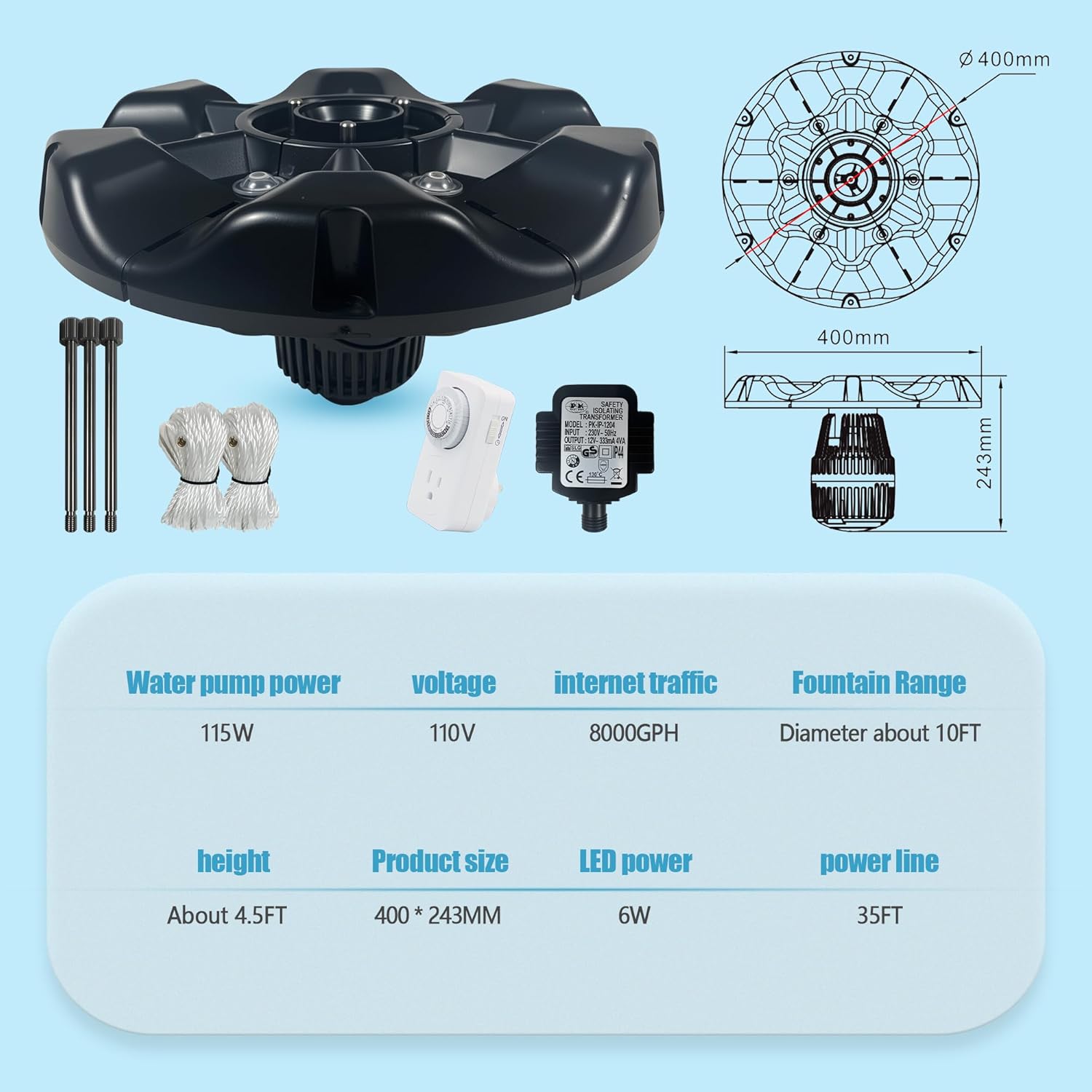 Pond Fountain Aerator,10000 GPH, 8 White LED Lights, Constant and Gradient Dual Modes,time Controller.35’ Power Cord, Classic Crown Spray Pattern 4’x10’for Pond, Lake, Swimming Pool& Water Garden