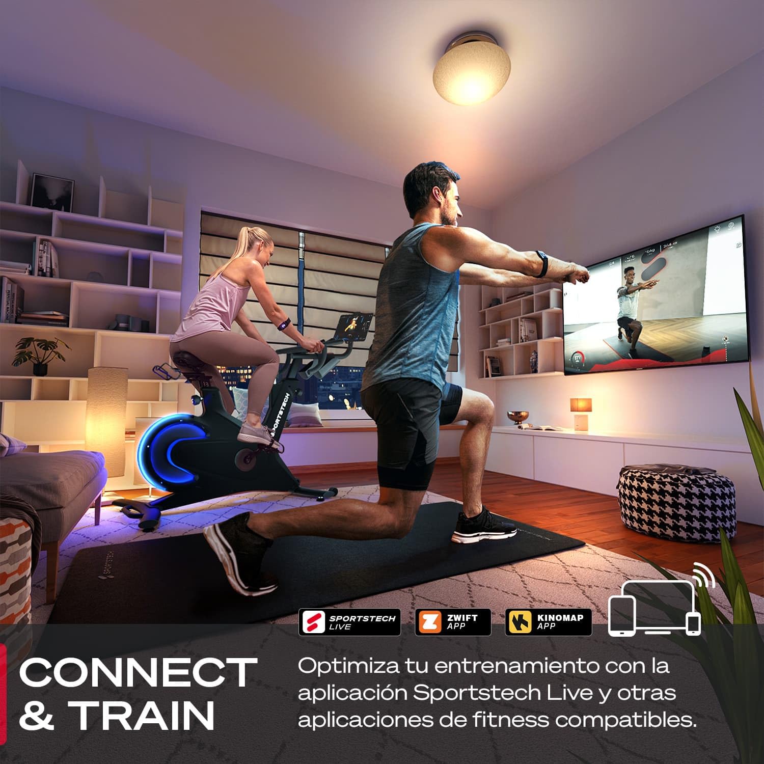 Sportstech sBike Lite - Bicicleta estática inteligente con LED + aplicación con cursos en vivo y bajo demanda y soporte de tableta de 360° para entrenamiento completo del cuerpo, ergómetro para