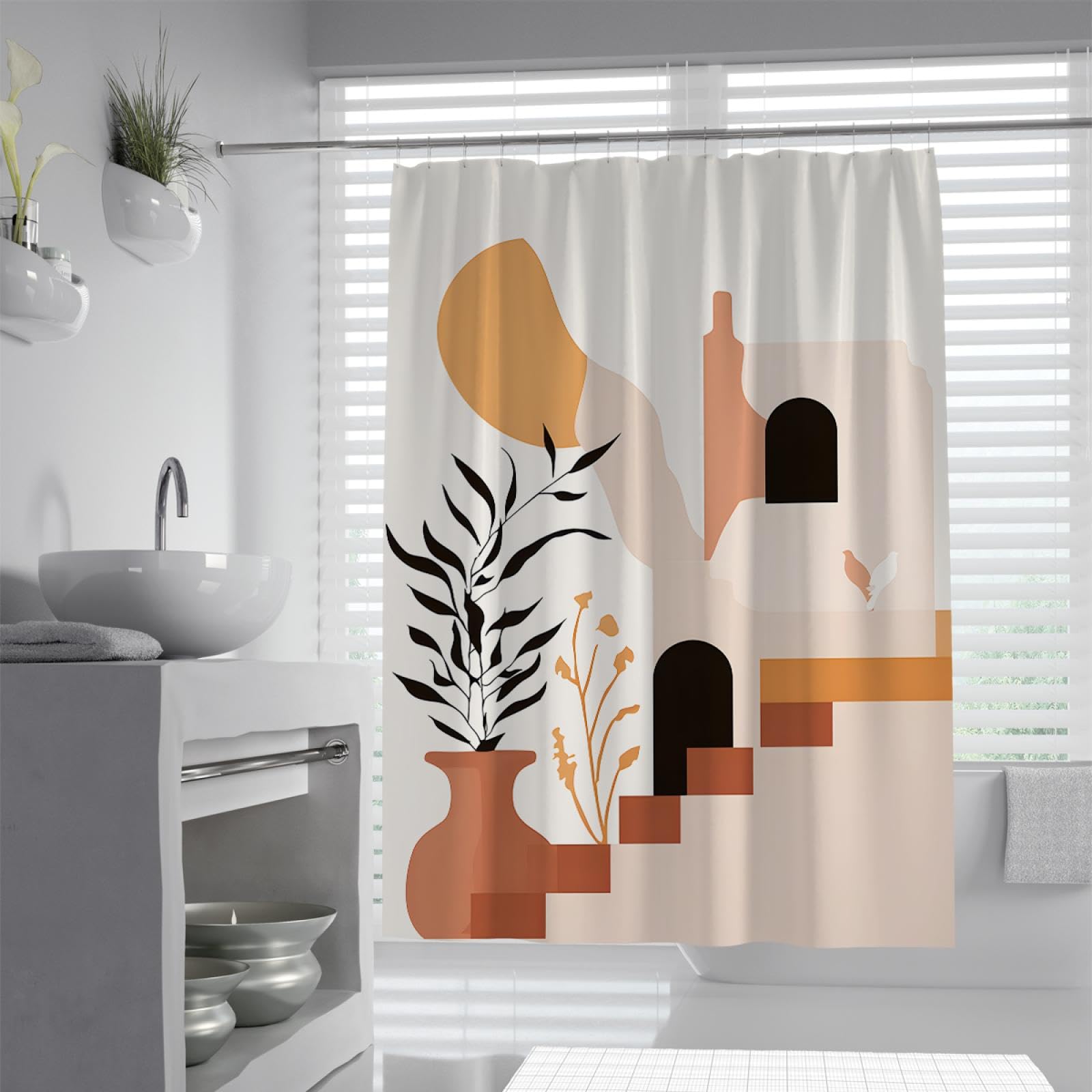 Vase botanique Nature Morte Rideau de Douche Escalier Nordique Maison Motifs Salle de Bain Décor Tissu Rideaux avec Crochets Lavable en Machine 200 x 240 cm