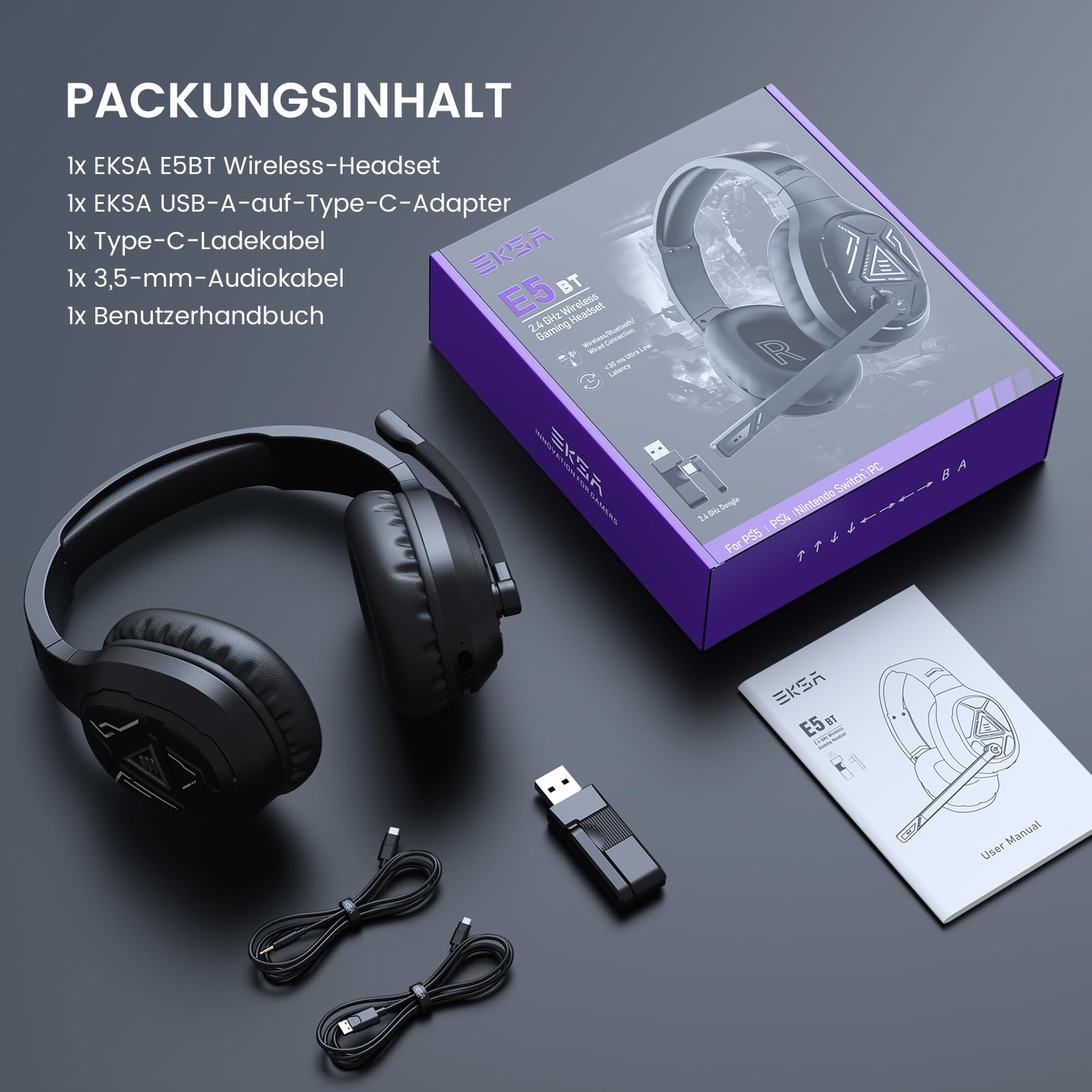 EKSA - Cuffie da gaming wireless per PS4 PS5 PC, cuffie Bluetooth 2.4G con microfono, suono Surround 7.1, ENC e luce RGB, cuffie da gaming USB senza fili, 52 ore di durata della batteria, jack da 3,5
