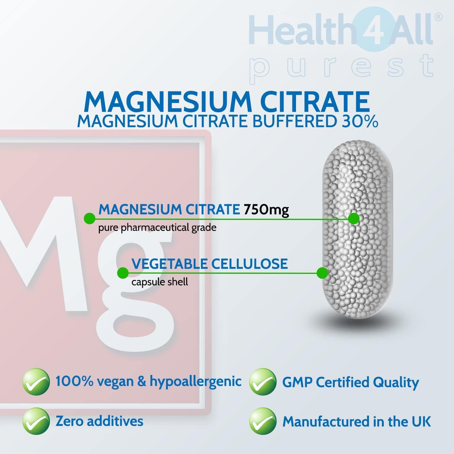 Health4All Magnesium Citrate 750mg per Capsule 90 Capsules, High Strength 225mg Elemental Magnesium, Easily Absorbable - Image 3