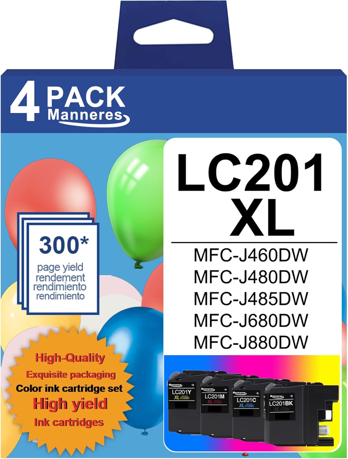LC201 XL Ink Cartridges High Yield 4 Pack (LC201C LC201M LC201Y, LC201BK XL) - Replacement for Brother LC201 Ink Cartridges LC201CL LC203 Work for MFC-J460DW MFC-J480DW MFC-J485DW Printer