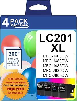 LC201 XL Ink Cartridges High Yield 4 Pack LC201C LC201M LC201Y, LC201BK XL - Replacement for Brother LC201 Ink Cartridges LC201CL LC203 Work for MFC-J460DW MFC-J480DW MFC-J485DW Printer