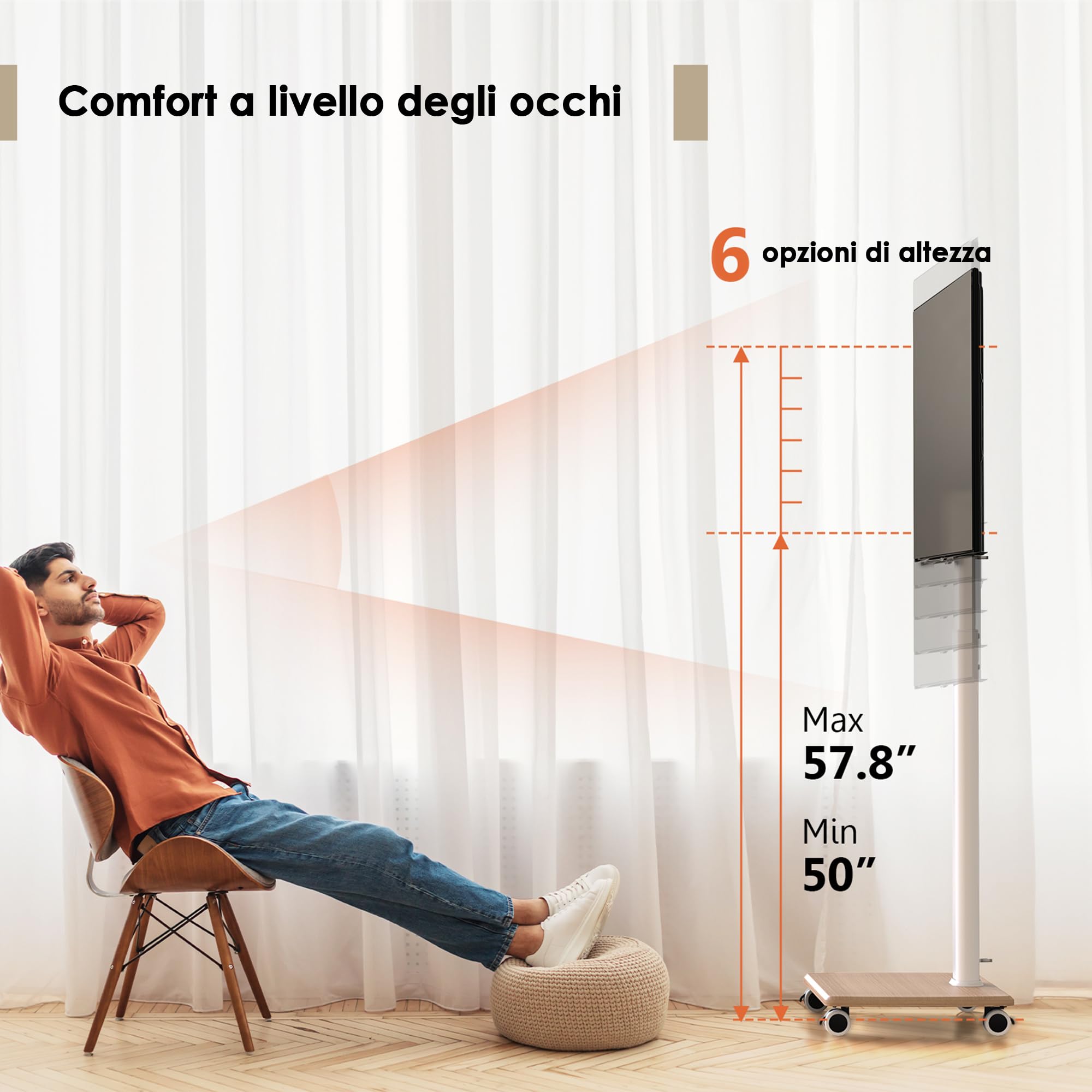 FITUEYES Carrello Porta TV con Ruote per 32-70 Pollici, 60° Girevole & 6 Altezza Supporto TV da Pavimento con Legno Base, Carrello TV con Ruote Max VESA 600x400mm Carico 40kg (Bianco)