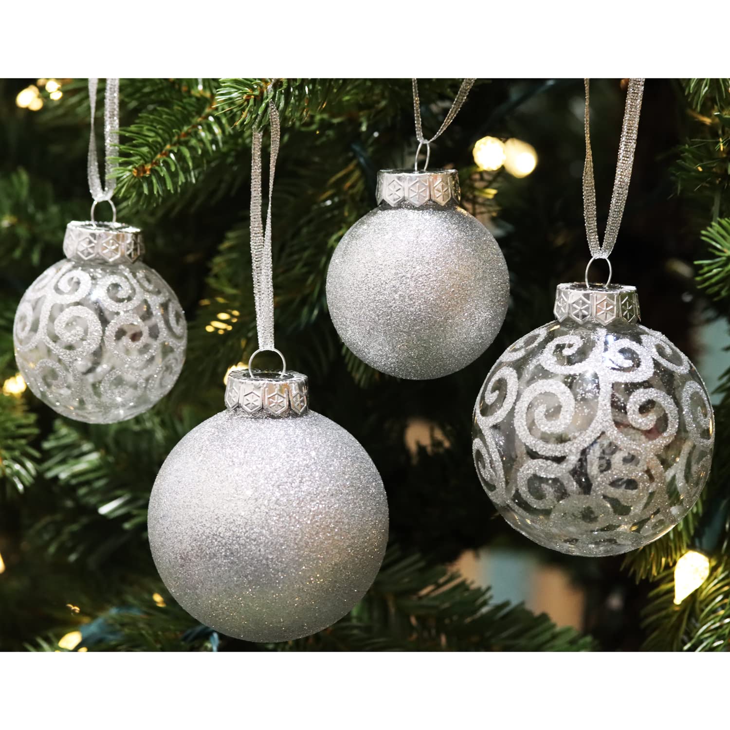 SLEETLY 32pk Christmas Ornaments for Tree Holiday Xmas Decorations, Shatterproof Plastic 3.15/2.36 Inch Glitter Balls, Icicles and Snowflakes Set, Silver (DEFECTIVE Units)