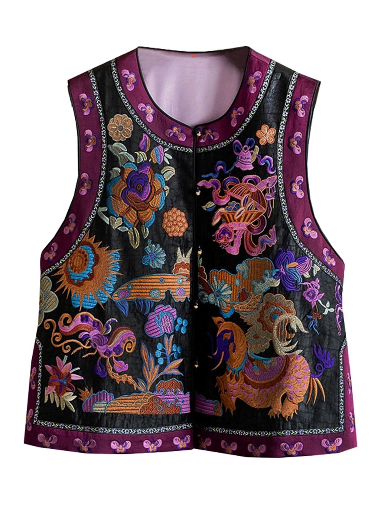 HangErFeng Chinese Inspired Silk Embroidery Waistcoat Colorful Patterns Vest 337