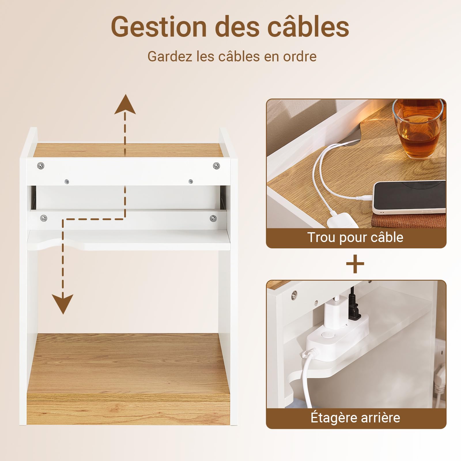 SoBuy Table de Chevet avec Gestion Câbles et Tiroir 45x40x55 cm