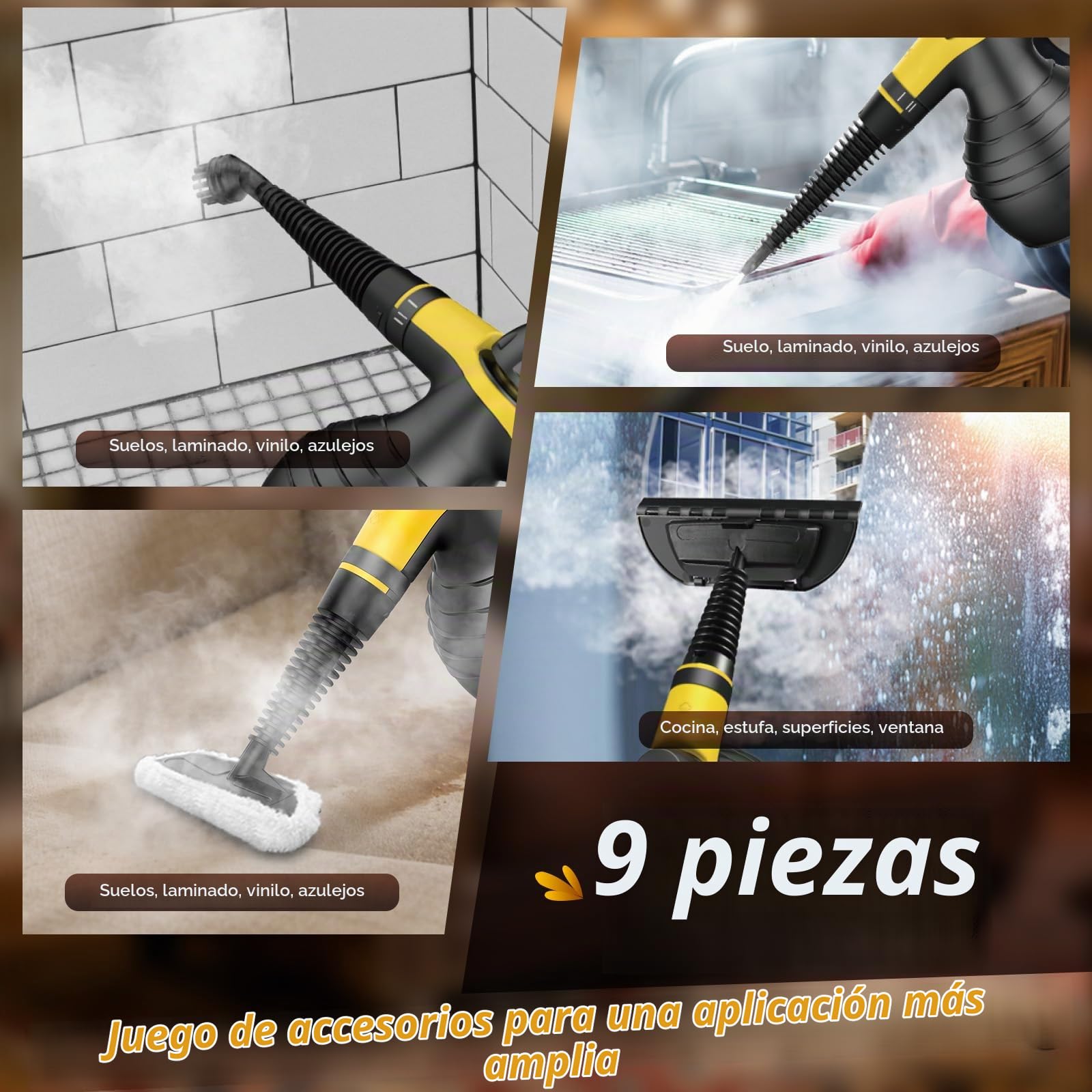 Limpiador A Vapor Portátil 1050W, Steam Cleaner De Mano Alta Presión, Calentamiento Rápido, 9 Accesorios, Sin Químicos, Para Baño, Cocina, Ventanas, Sofá, Tapicería, Juntas, Azulejos, Coche