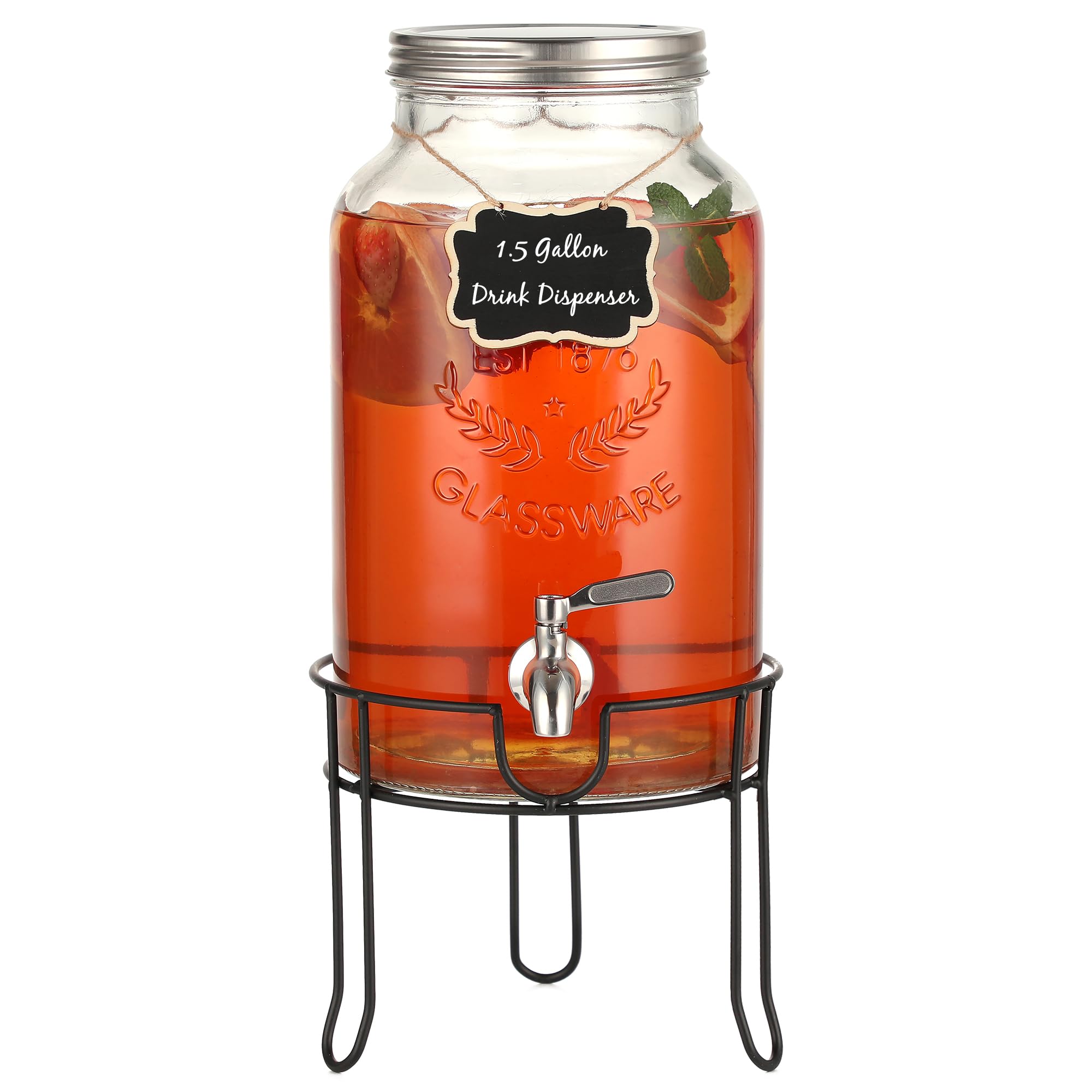 Dispensador de bebidas de vidrio de 1.5 galones con soporte, espiga impermeable de acero inoxidable y tapa, dispensadores de bebidas de vidrio para fiestas, dispensador de bebidas de agua