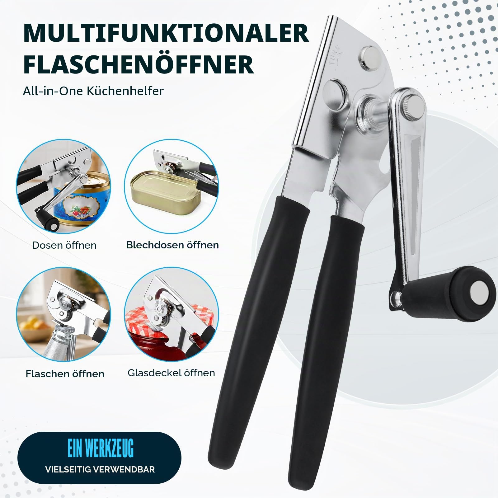 NUFR Kurbeldosenöffner manuell, robuster, hochwertiger Dosenöffner mit gummierten langen Griffen