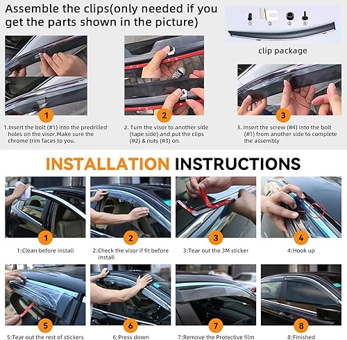 Miniatura 7 de Deal - Juego de 4 piezas de cinta de montaje exterior tipo prendido/clip en el tipo ahumado tintado sol/lluvia, viseras de ventana con borde cromado