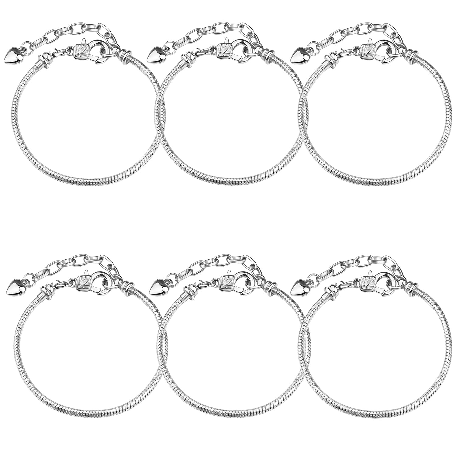BEZHO 6 Pcs Charm Bracelet, 23cm Chain Bracelet Adjustable Snake Bracelets Chains with Extender Chain Lobster Clasp Bracelets Chains Jewellery Making Gifts for DIY Valentine's Day (Silver)