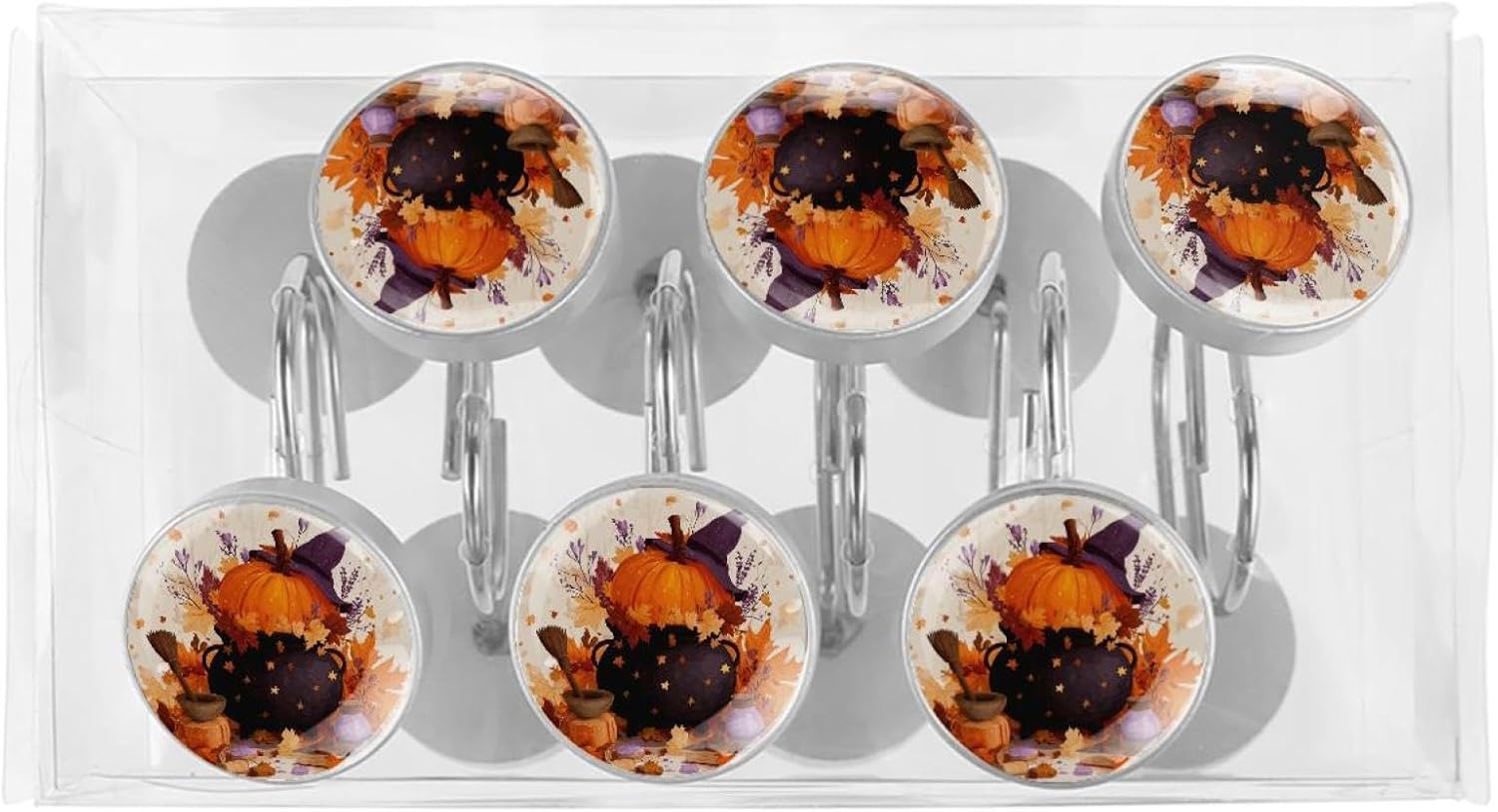 Set of 12 Shower Curtain Hooks, Shower Curtain Rings Crystal Glass Decorative Bathroom Hook, Halloween Autumn Pumpkin (3)
