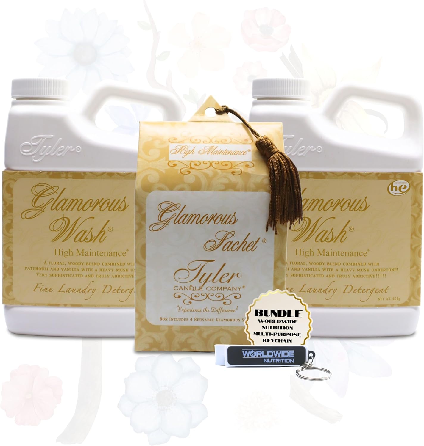 Worldwide Nutrition Bundle: Tyler Candle Company High Maintenance Laundry Pack - 2 Bottles of 16oz Glamorous Wash Laundry Detergent, 1 Pack of 4 Dryer Sheet Sachets & Multi-Purpose Key Chain