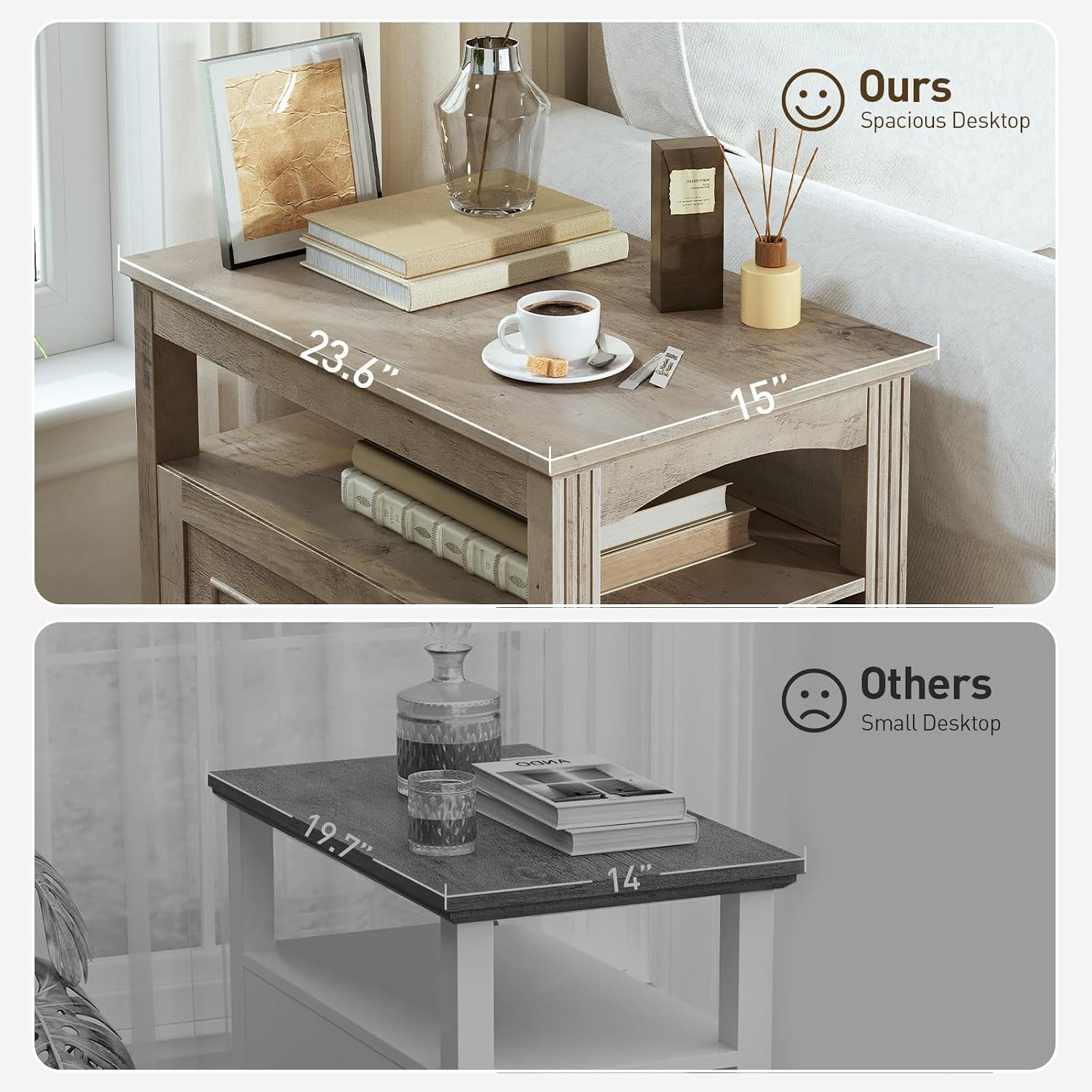 RALGEND Farmhouse End Table with 2 Drawers, Narrow Sofa Side Table with Storage and Open Shelf, Wooden Nightstand for Small Spaces, Bedroom, Living Room, Greige