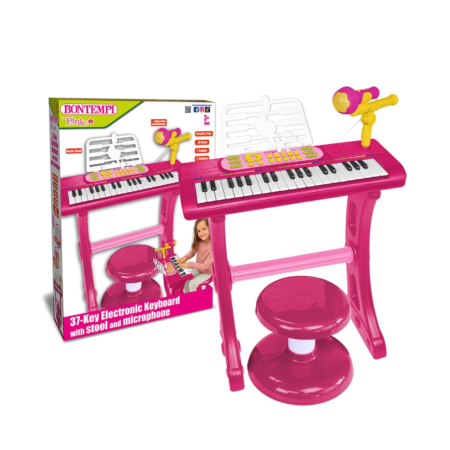 Bontempi | MiniKeyFun - 37 klawiszy, zabawkowa klawiatura dla małych muzyków, z mikrofonem, stołkiem i podstawką, różowa, 54,4 x 32,9 x 15,9 cm
