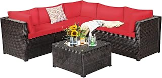 Tangkula 6 Pieces Patio Furniture Set, Outdoor Rattan Sofa Set, Wicker Conversation Set w/Tempered Glass Coffee Table & Cushions, Sectional Sofa Set for Backyard, Garden, Balcony, Poolside