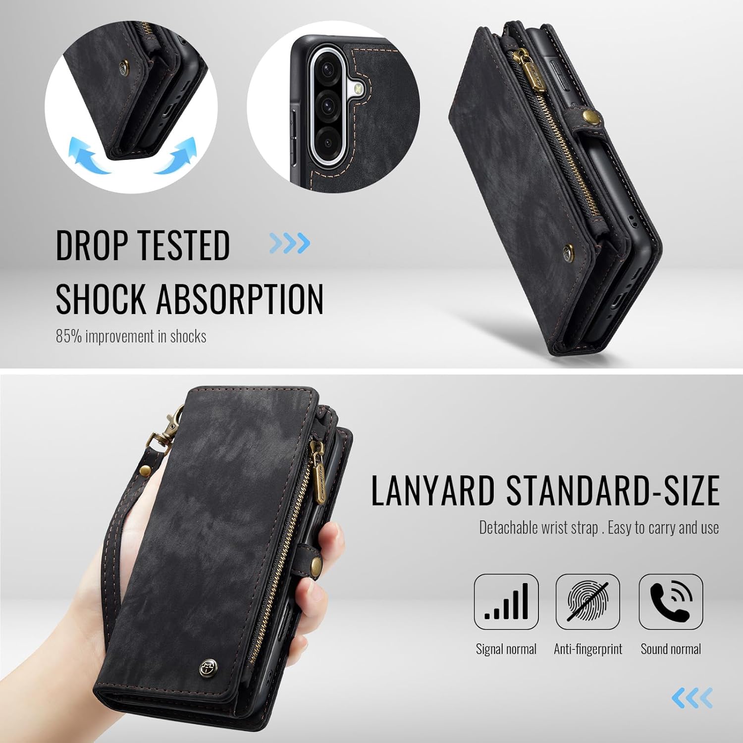 Case Compatible with Samsung Galaxy A36,Genuine Leather Wallet Detachable Magnetic Cell Phone Cover Wireless Charge Zipper Purse RFID Blocking Card Slot Holster (Black, A36)