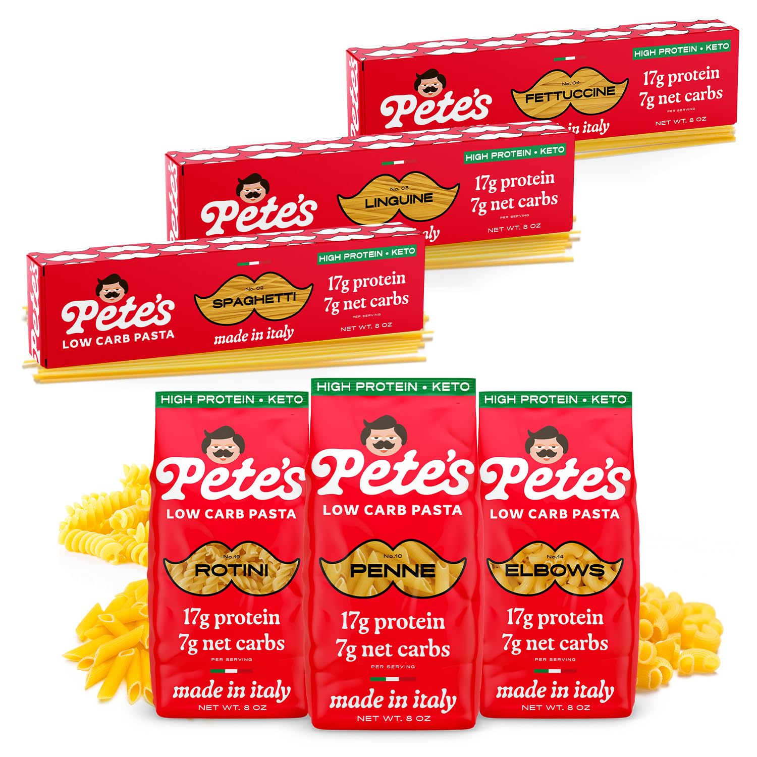 Pete's Pasta Variety Short (Penne, Rotini, Elbow) + Variety Long (Spaghetti, Linguine, Fettuccine) - Low Carb Pasta, Protein Pasta - Authentic Italian Keto Pasta Noodles - Imported from Italy