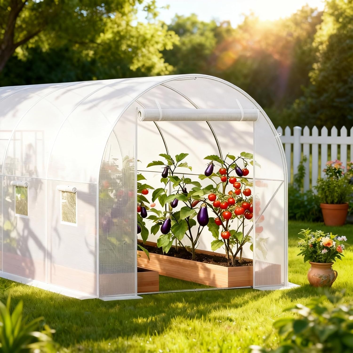 Large Walk-in Tunnel Greenhouse, 15x7x7 ft Heavy Duty Hoop House with 8 Screen Windows & Galvanized Steel Frame, Portable Outdoor Greenhouses for All Seasons White