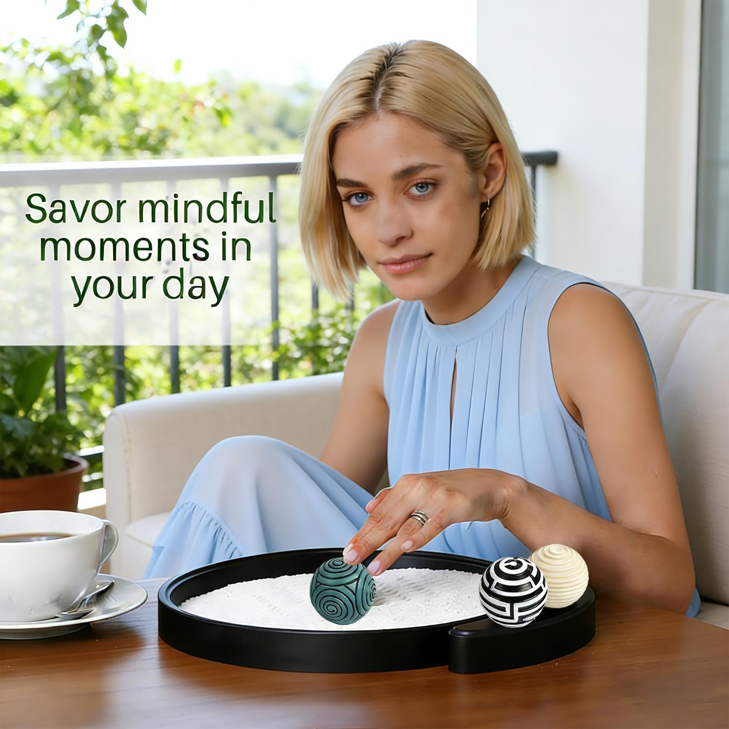 Zen Garden Kit for Desk, Japanese Decor with Rock Feature Stamp Spheres, Round Decorative Trays, Sensory Relaxation Sand Tray Therapy Ball Tool, Meditation Sandbox Gift Set for Home & Office