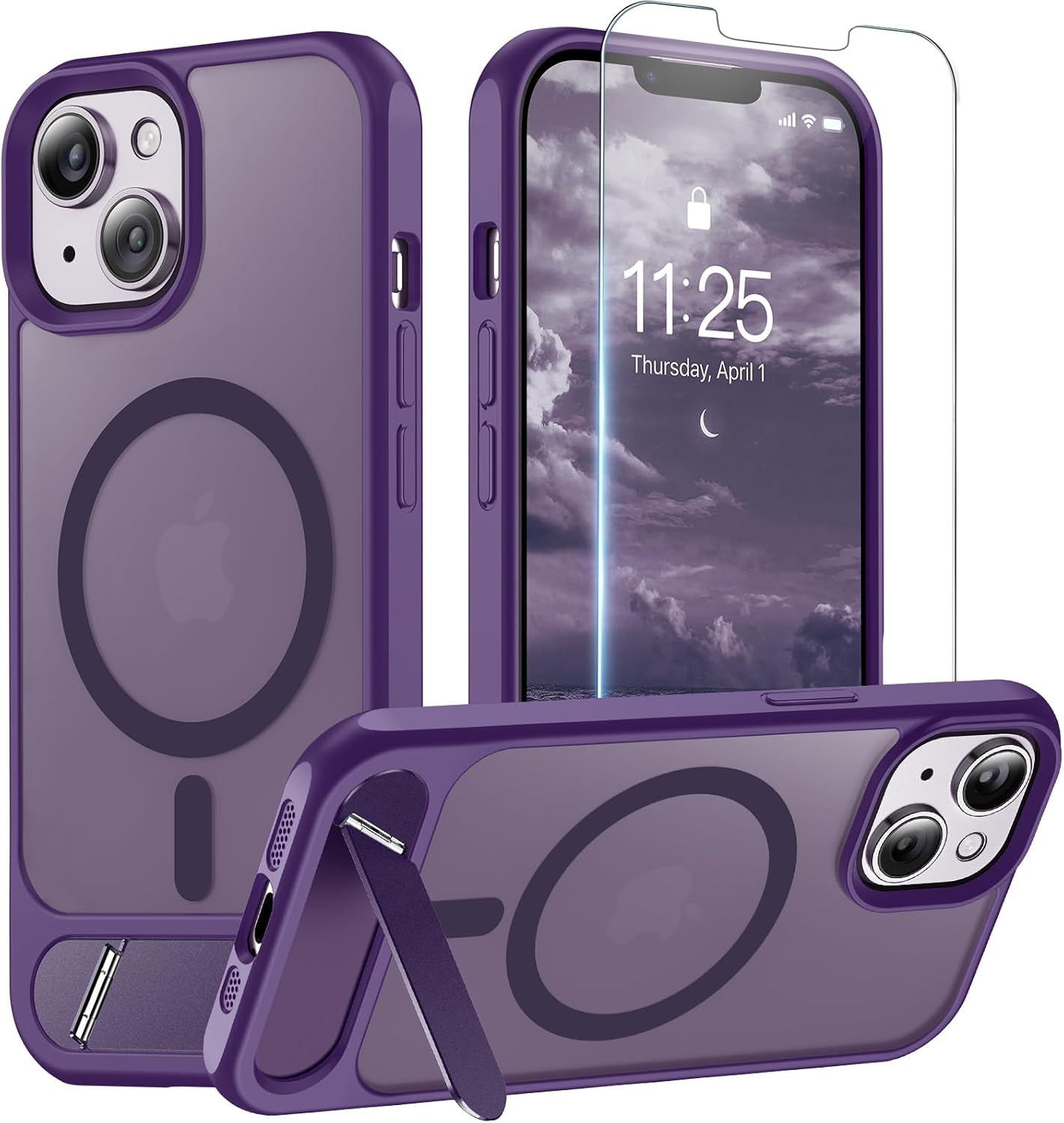 Magnetic for iPhone 14 Case & iPhone 13 Case (Built-in Invisible Kickstand)(Screen Protector)(Compatible with MagSafe)(Military Grade Shockproof) Translucent Matte Slim Phone Cover,Purple