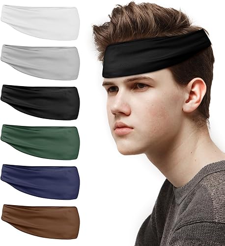 6 Pack Mens Running Headband, Sweatband Sports Headband for Running,Cycling,Football,Yoga,Fitness Workout Stretchy Unisex Hairband, 6 Colors