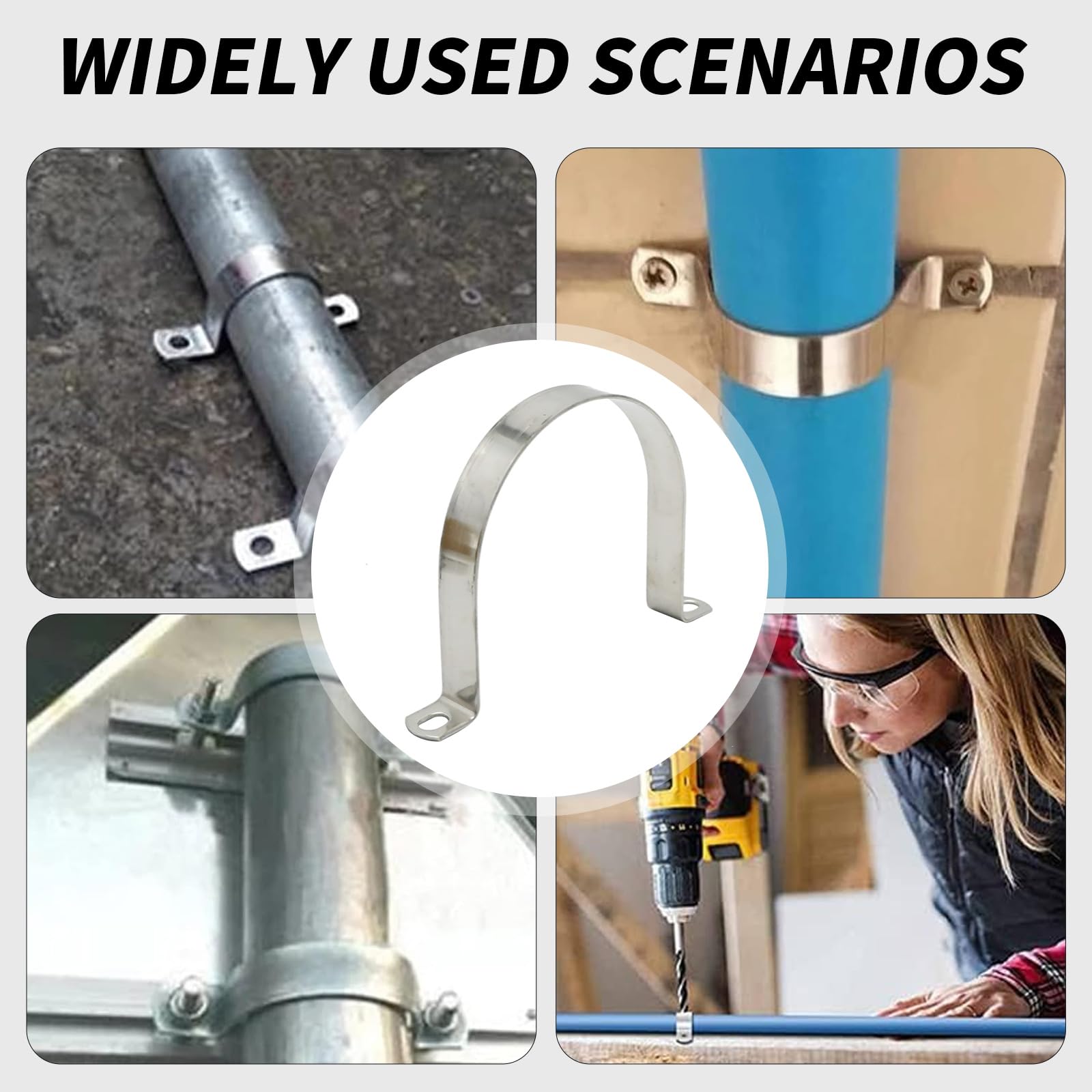 VIKKSAER 5 abrazaderas de correa de tubo en U de 2 agujeros, correa de tubo rígida de 108 mm de ancho interior, soporte en U de acero inoxidable para fijar tuberías en varias superficies (108 mm)