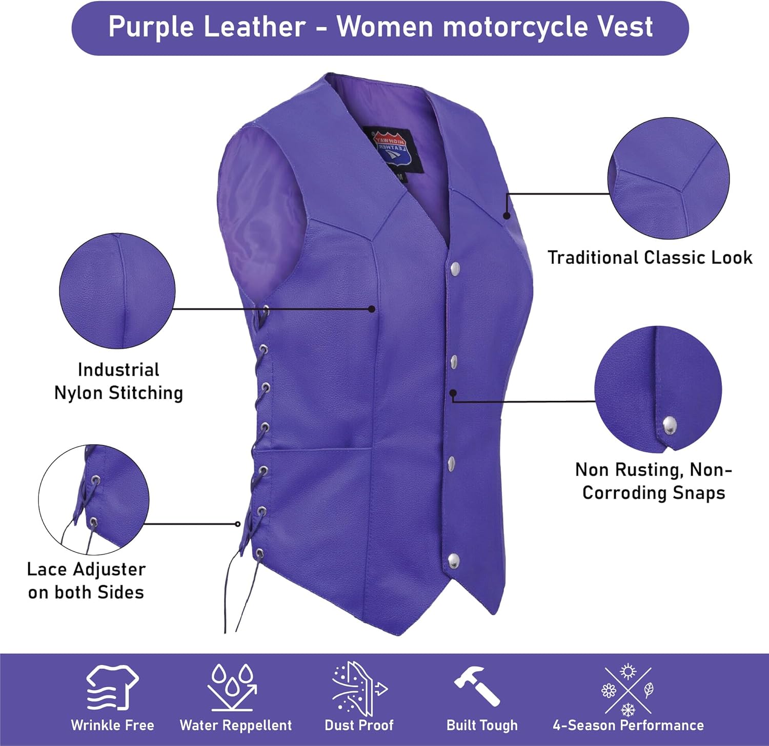 Purple Leather Women’s Motorcycle Vest – Snap Front, Side-Lace Adjustable Biker Waistcoat with Pockets, V-Neck Sleeveless