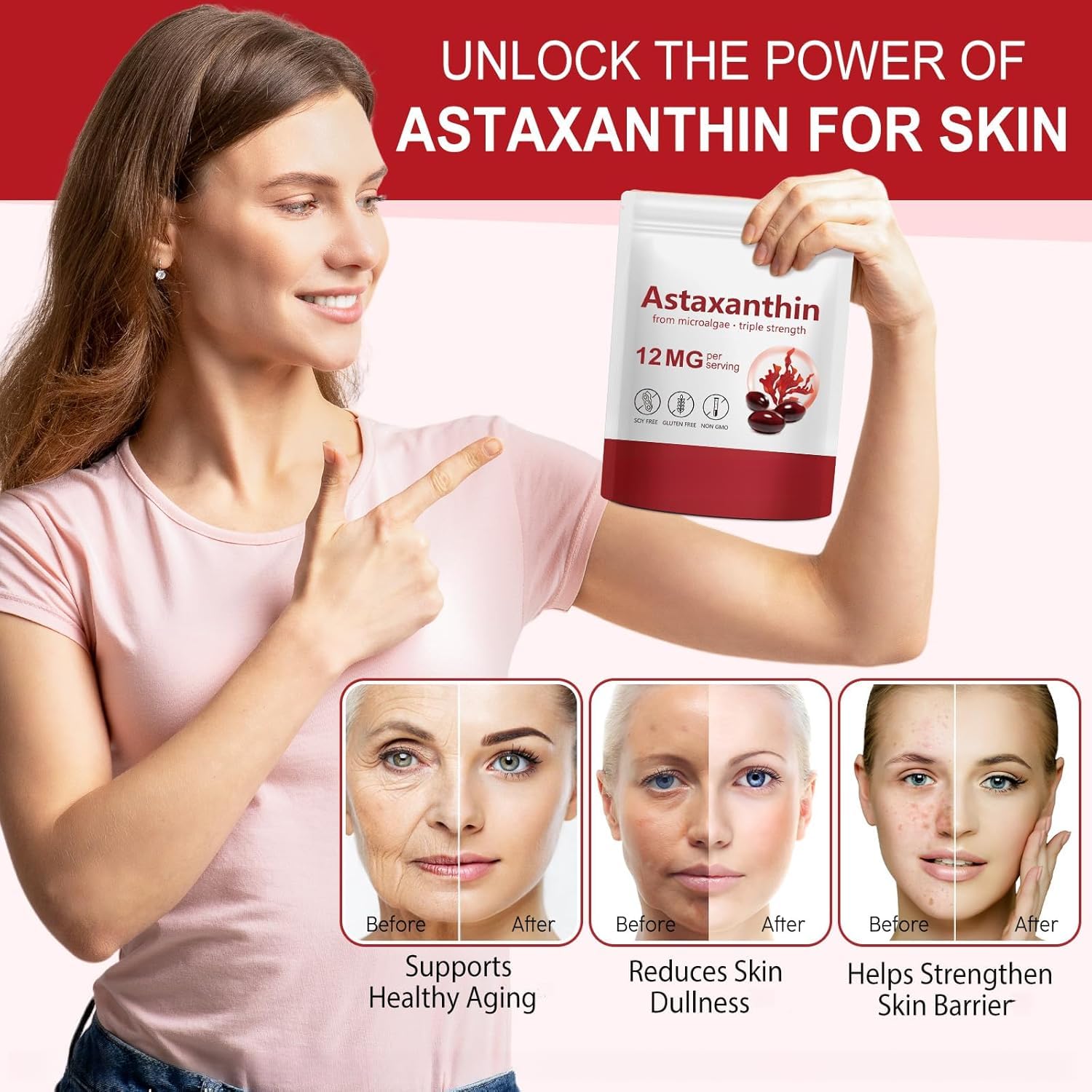 Astaxantina Premium, Supporto Antiossidante per la Salute di Occhi, Pelle, Articolazioni e Circolazione, Senza OGM & Senza Glutine