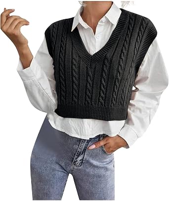 Oversized Sweater Vest Women Casual Sleeveless V Neck Knit Crop Top Sweaters 2025 Fall Aesthetic Checkered Work Vests