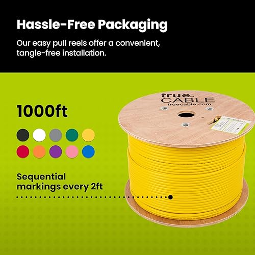 Miniatura 5 de TRUE CABLE Cable Ethernet a granel para elevador blindado Cat6A, 1000 pies, amarillo, 23 AWG cobre sólido desnudo, 750 MHz, FUTP, PoE++ 100 W,