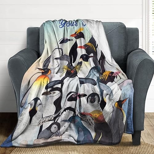 Miniatura 4 de Manta de pingüino personalizada con nombre, 40 x 30 pulgadas, divertida manta para niños, niñas y niños, manta suave y mullida azul para regazo y