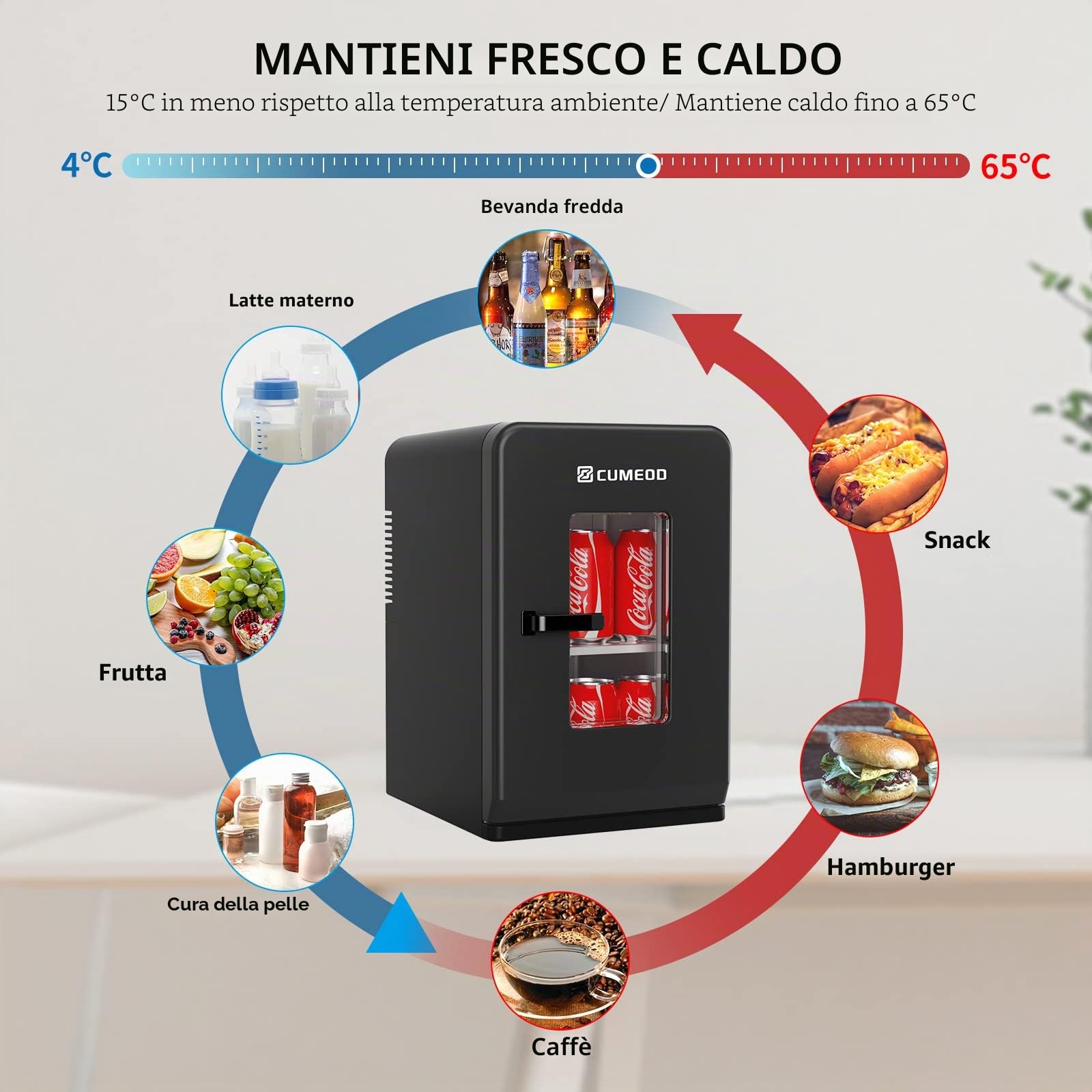 Cumeod Mini Frigo da 15 Litri/21 Lattine, Frigorifero Piccolo con Funzione di Raffreddamento e Riscaldamento, 220V AC/12V DC per Casa, Ufficio e Viaggio, Cosmetici, Bevande, Cibo, Mode Max et ÉCO