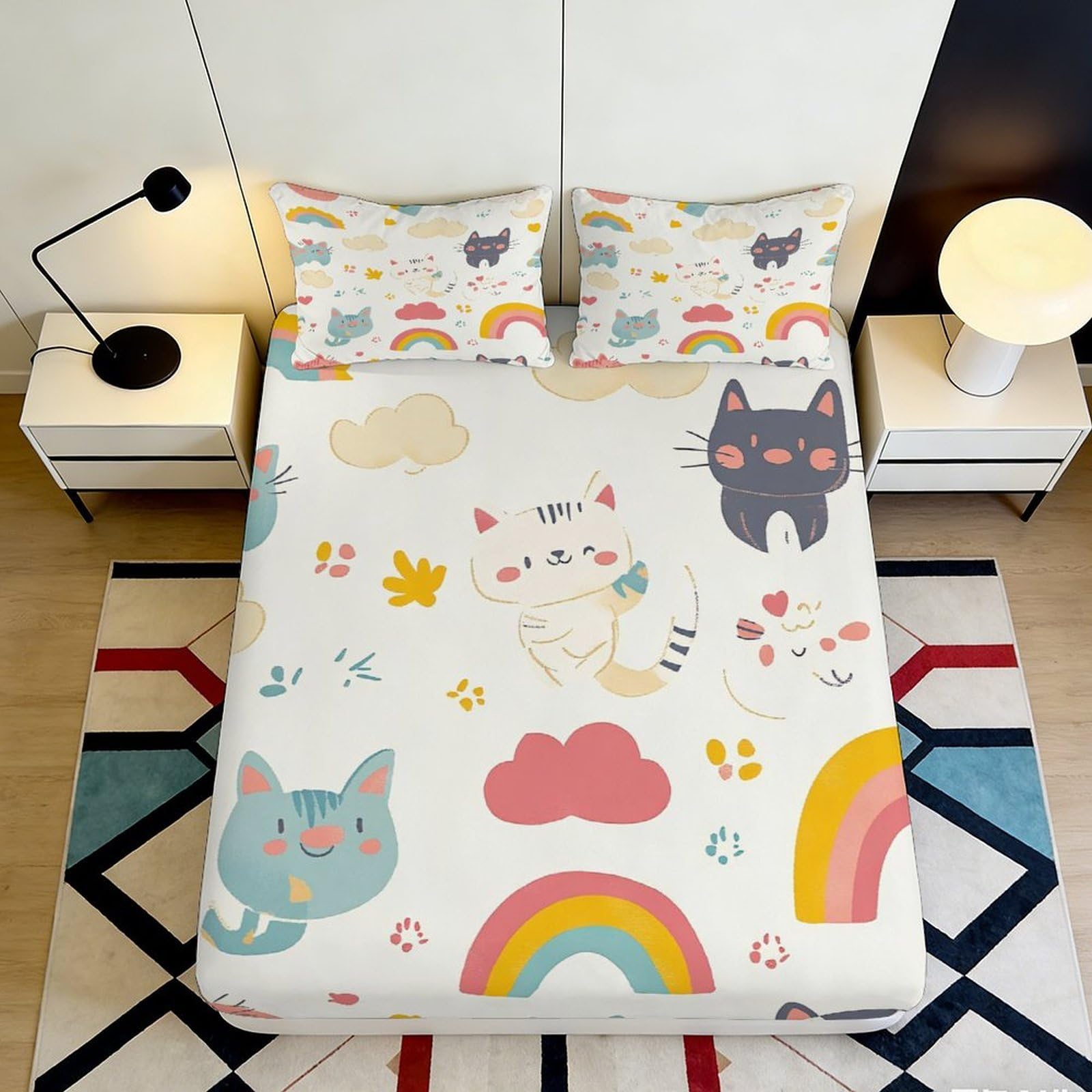 3D Printed Cartoon Cat Rainbow Fitted Sheet Microfiber Soft Breathable Mattress Cover for Bedroom Dorm Decor 120x200x25cm