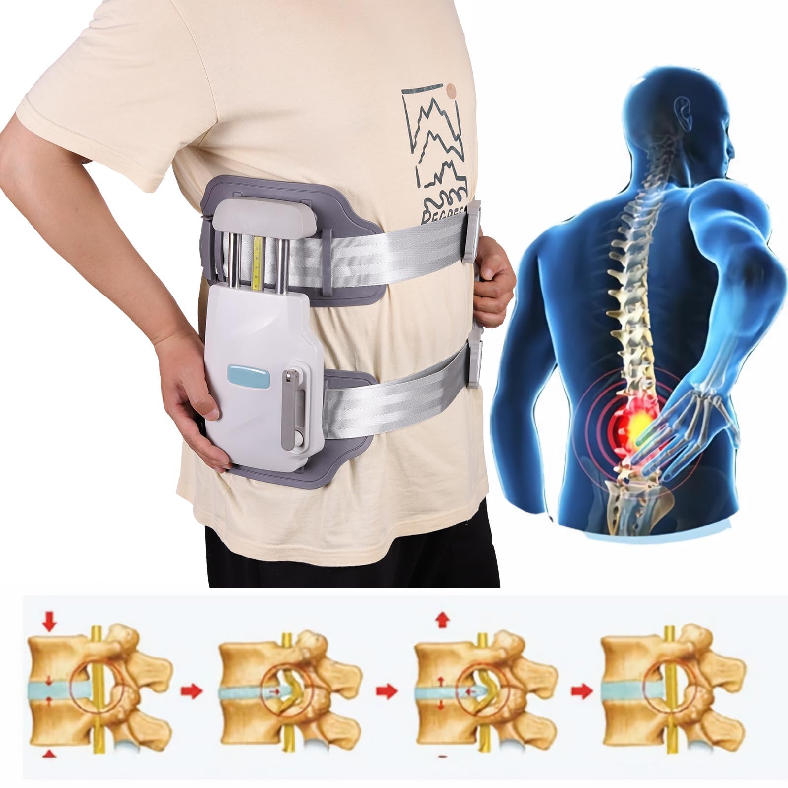 Dispositivo de descompresión espinal para el dolor lumbar: cinturón de tracción lumbar para hernias discales, ciática, estenosis y escoliosis, uso doméstico con estiramiento ajustable.