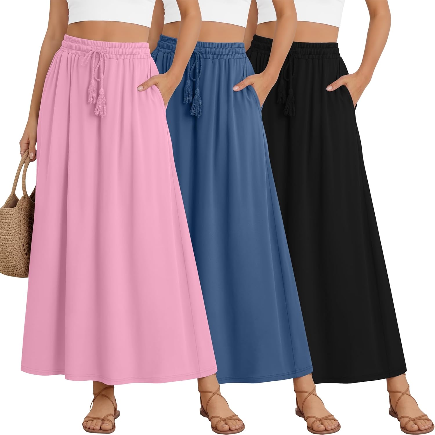 3 Pack Women's Maxi Long Skirts, Ankle Length a Line Elastic High Waist Flowy Boho Casual Skirt with Pockets