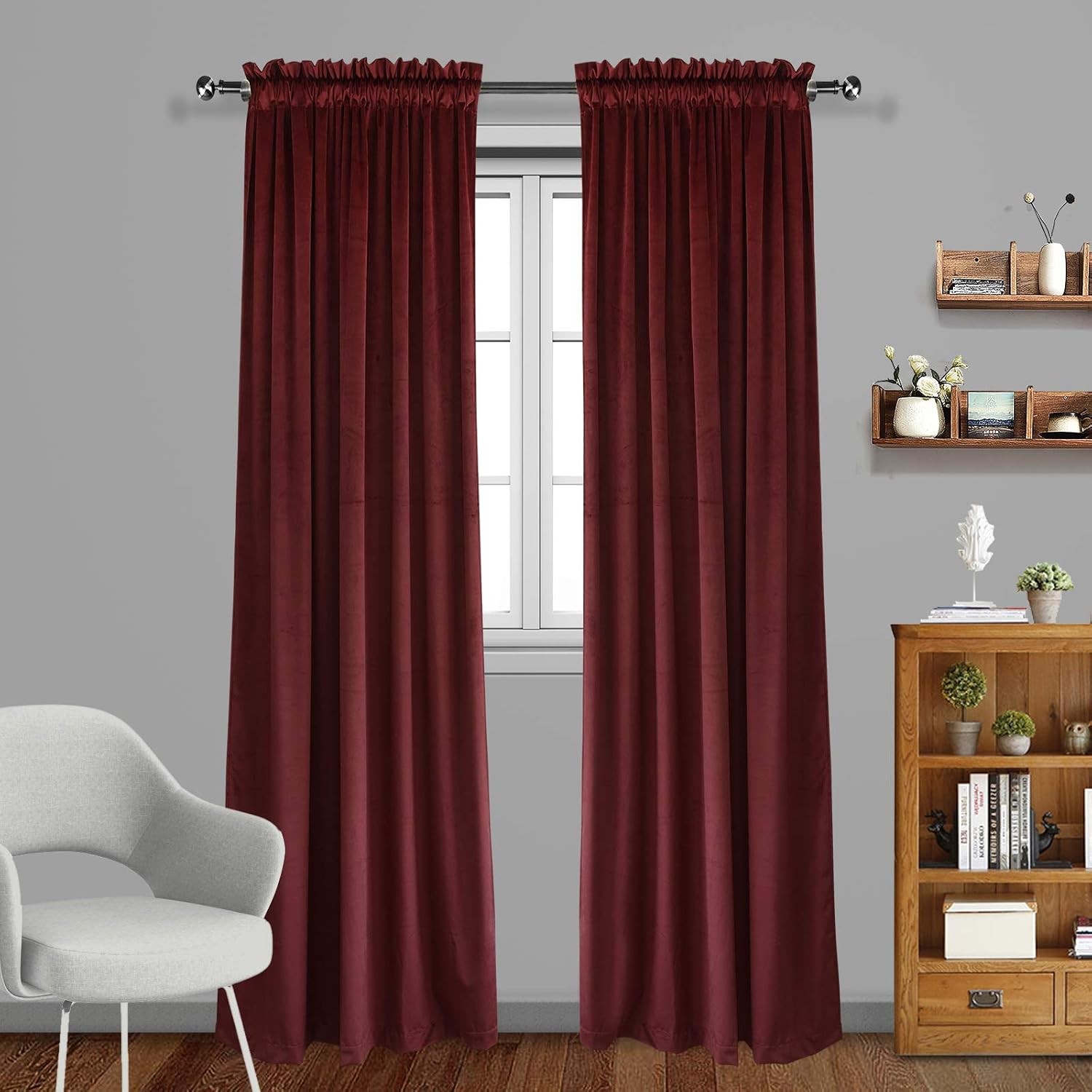 Eamior Light Blocking Sound Reducing Rod Pocket Top Velvet Curtains/Drapes/Panels for Living Room/Bedroom (1 Pair, 52 x 96 Inch, Burgundy)